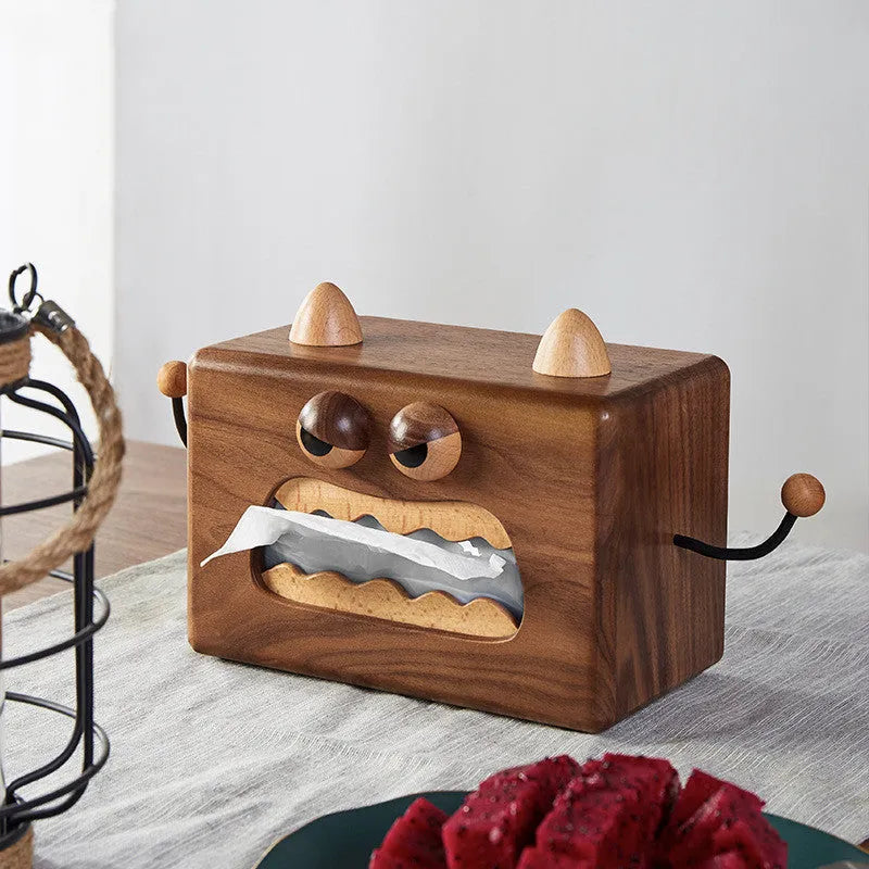 Cartoon Little Monster wooden tissue box in walnut beech colour, 190mm wide