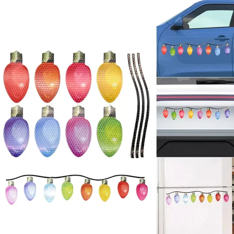 Magnetic reflective Christmas light bulb set with 24 bulbs and 12 wires on a metal surface.