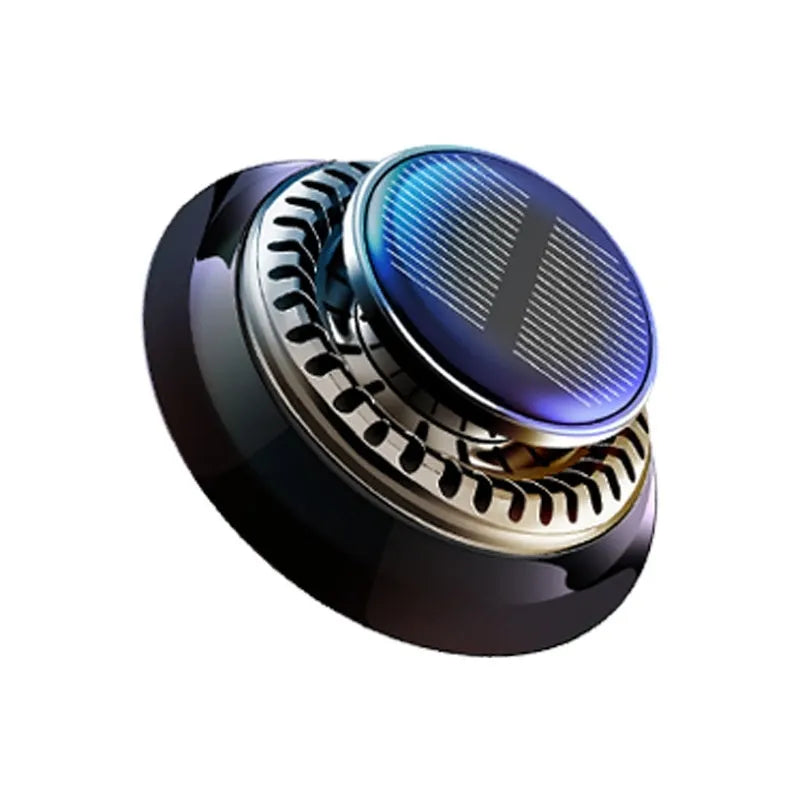 Solar kinetic car air freshener with rotating double rings on vehicle dashboard
