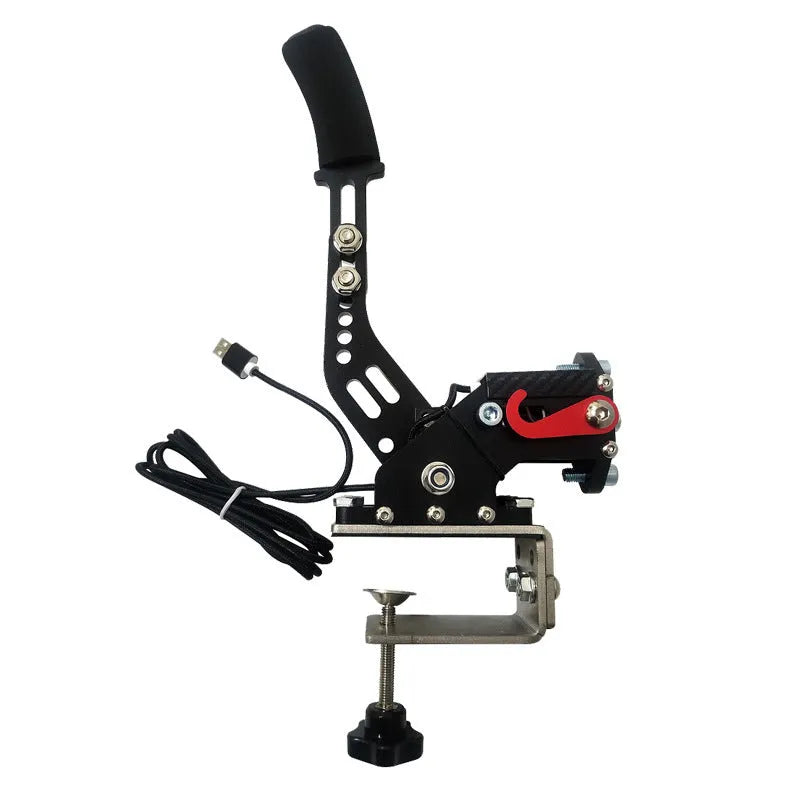 Aluminum linear handbrake body with clamp for drift racing simulators compatible with Logitech and Thrustmaster wheels