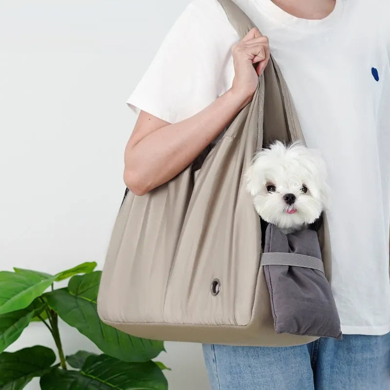 Apricot cloth pet handbag measuring 41x16x28cm with carry handles for outdoor summer use