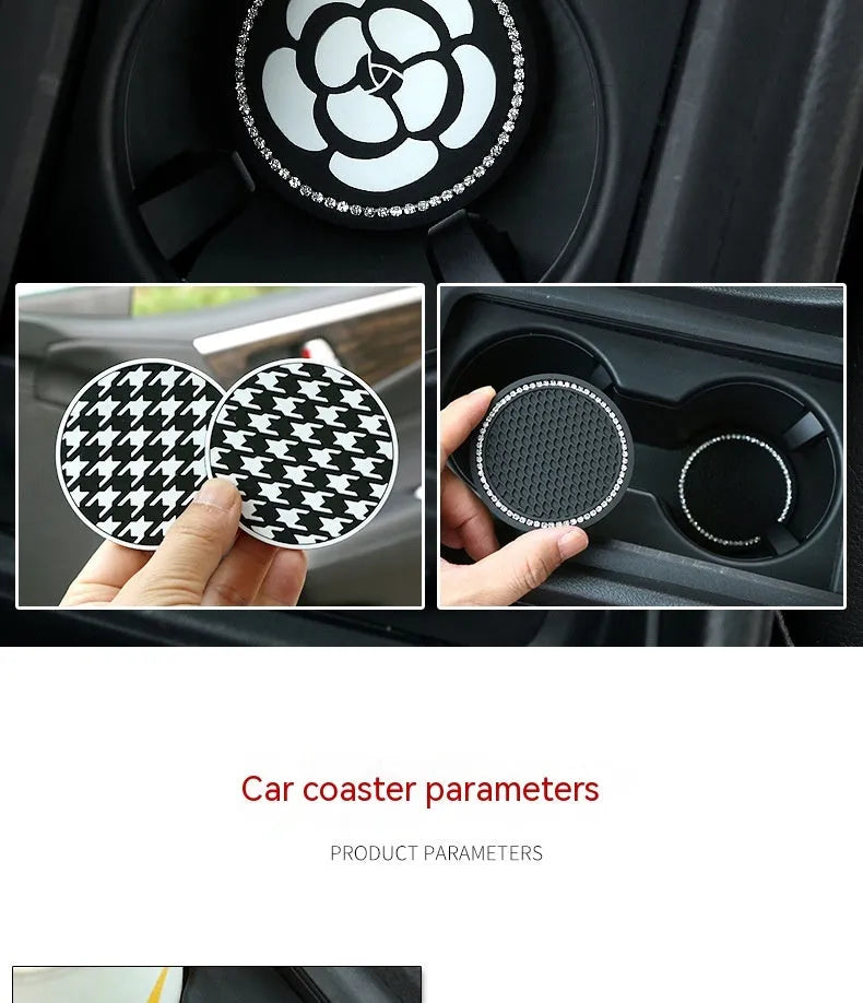 Black and white checkerboard pattern PVC car cup holder mat inserted in a vehicle centre console.
