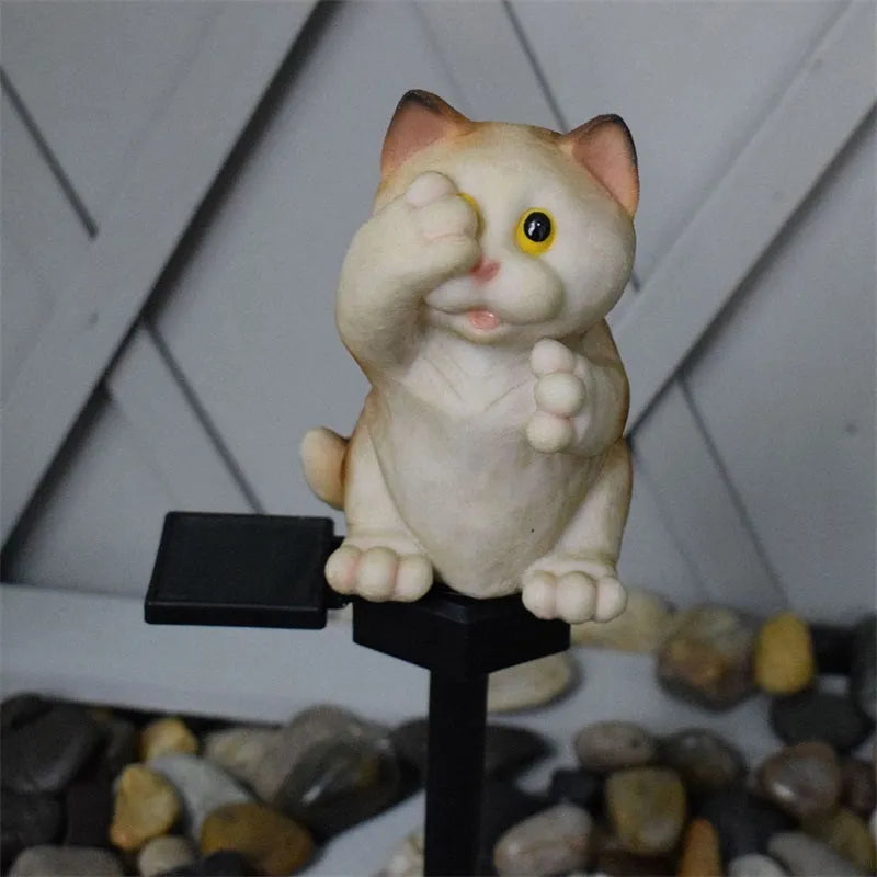 Brown cat-shaped solar lawn light for garden decoration with solar panel and LED illumination