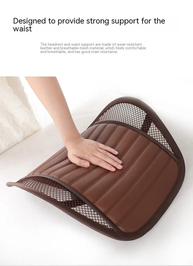 Leather lumbar support cushion shown in sapphire blue colour for car seats and chairs