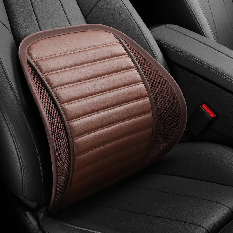 Leather lumbar support cushion shown in sapphire blue colour for car seats and chairs