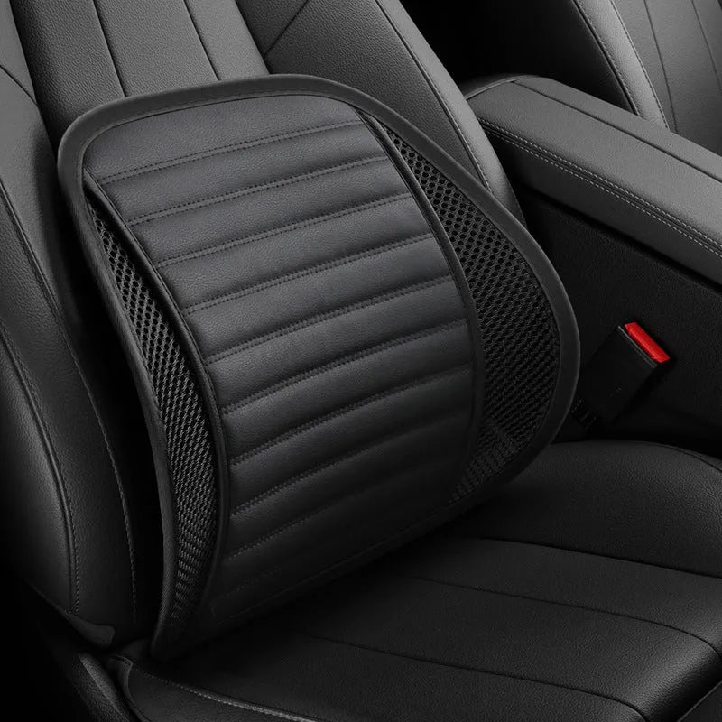 Leather lumbar support cushion shown in sapphire blue colour for car seats and chairs