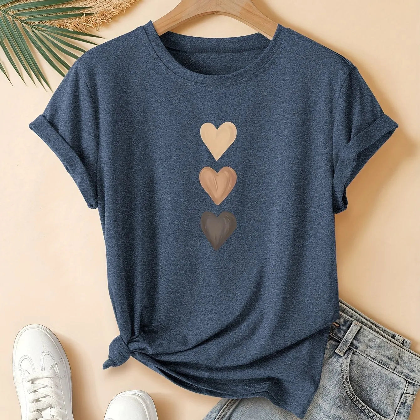Women's pure cotton short sleeve T-shirt with Chinese art retro pattern in blue colour