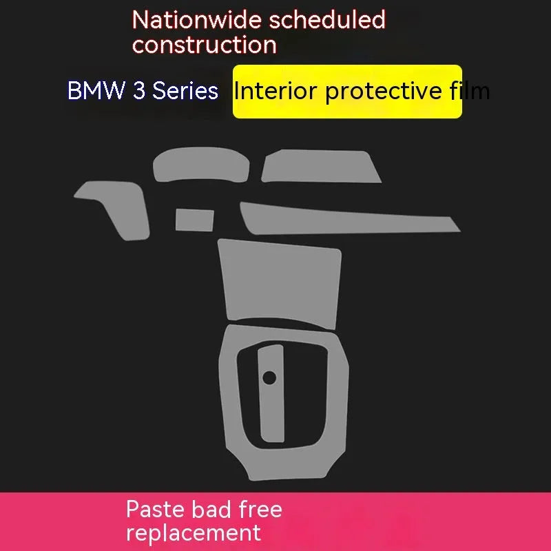 Transparent protective film kit for BMW 3 Series centre console and gear shift area.