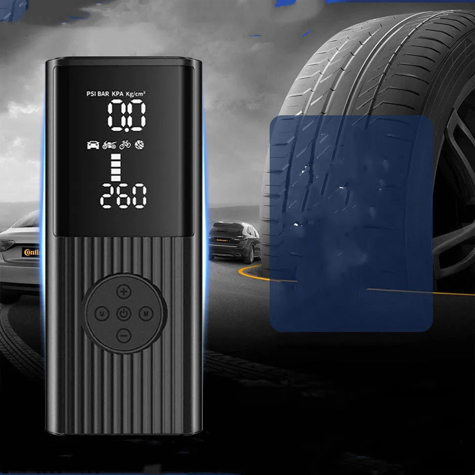 Wireless car tyre air pump with LED light, four nozzles, and storage bag on a grey background.