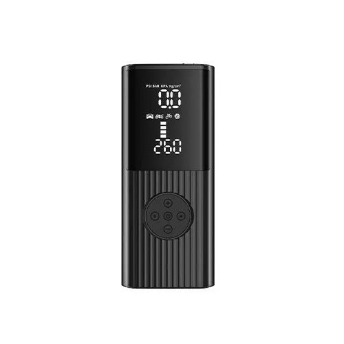 Wireless car tyre air pump with LED light, four nozzles, and storage bag on a grey background.