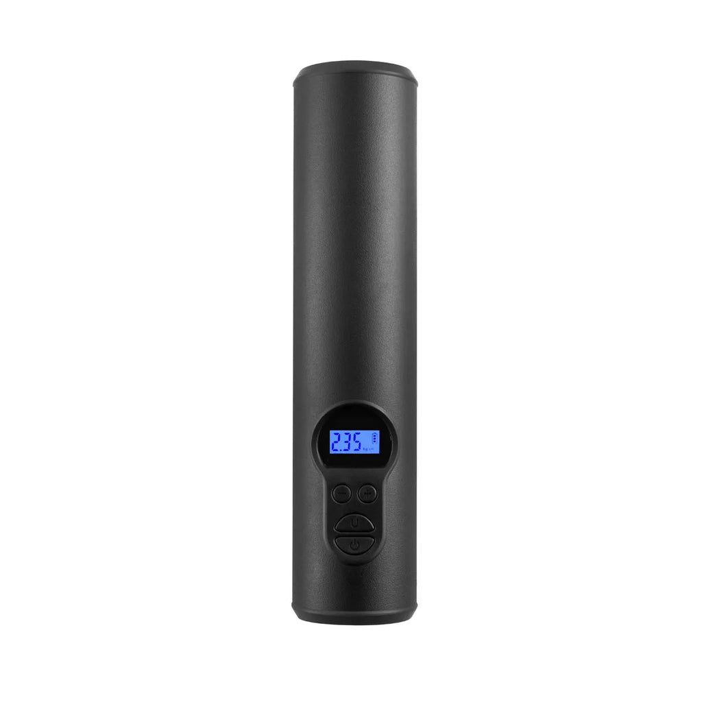 Wireless car tyre air pump with LED light, four nozzles, and storage bag on a grey background.