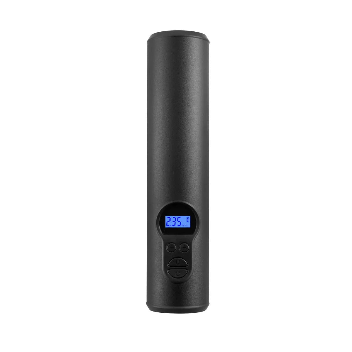 Wireless car tyre air pump with LED light, four nozzles, and storage bag on a grey background.