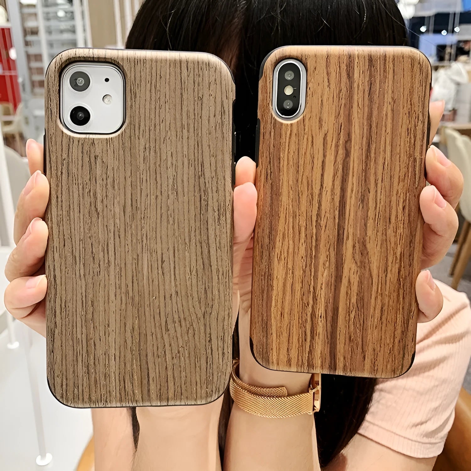 Natural wood iPhone case in back cover style showing timber grain patterns