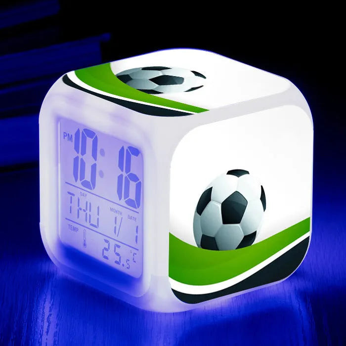 Square plastic alarm clock with football pattern and USB cable for students