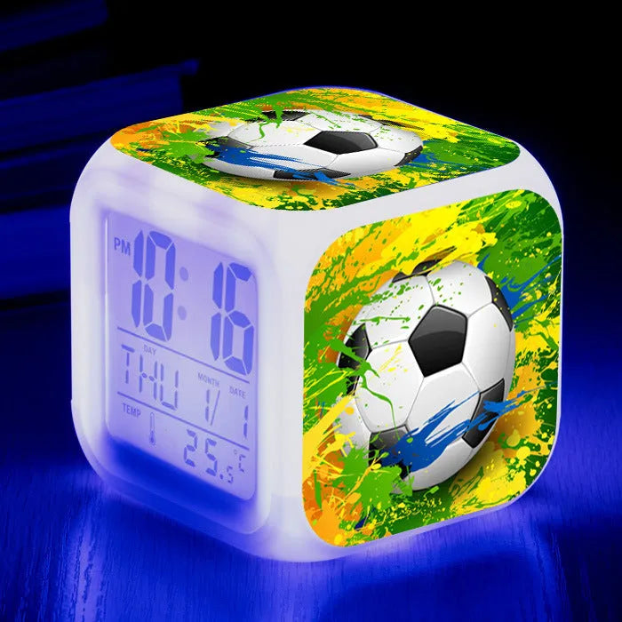 Square plastic alarm clock with football pattern and USB cable for students
