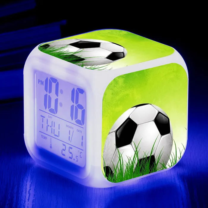 Square plastic alarm clock with football pattern and USB cable for students