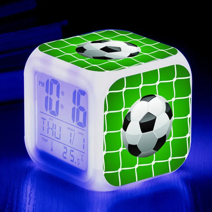 Square plastic alarm clock with football pattern and USB cable for students