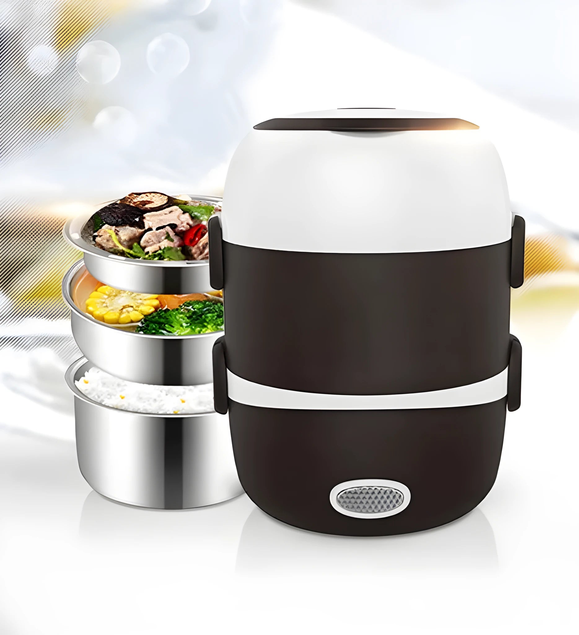 Multi-function USB-powered lunch box with heating element and layered food compartments