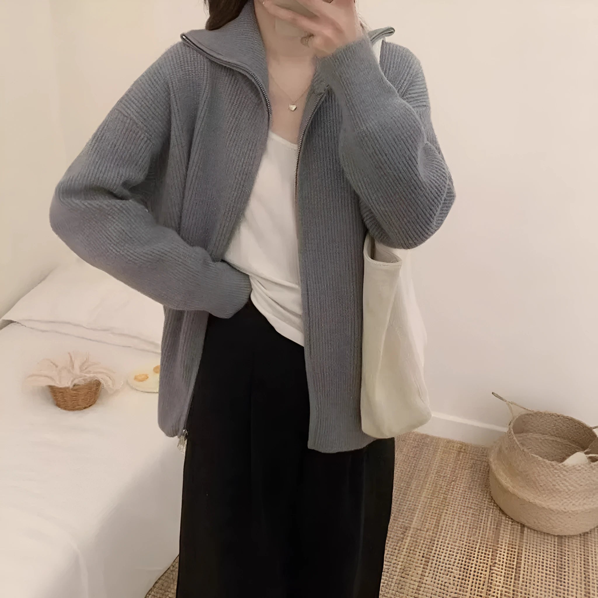 Hong Kong style double zipper knitted cardigan with floral decoration in loose fit free size