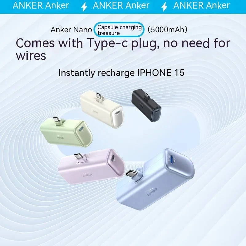 Small capsule-shaped power bank in multiple colours with a foldable USB-C cable.