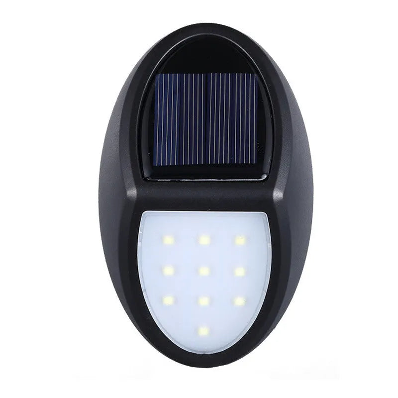 Black LED solar wall light measuring 75x120mm with auto sensor and 8 hour battery life