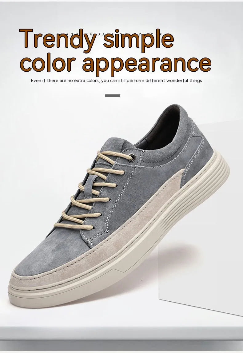 Men's grey and sand coloured low-top casual skate shoes with round toe and lace-up front.