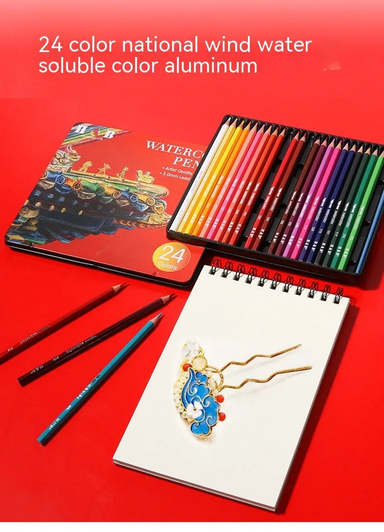 Wooden box open showing 24 water-soluble coloured pencils in various colours.