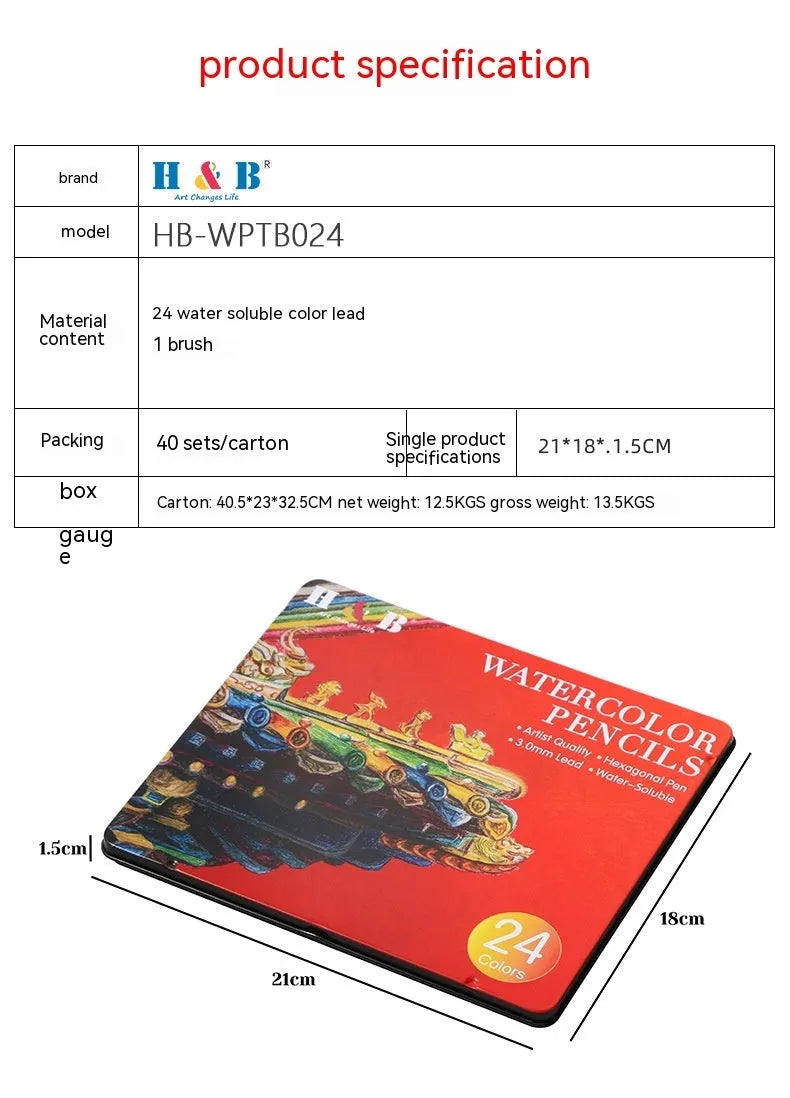 Wooden box open showing 24 water-soluble coloured pencils in various colours.