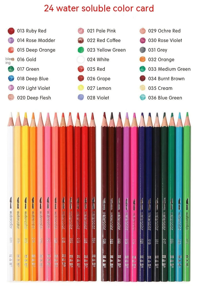 Wooden box open showing 24 water-soluble coloured pencils in various colours.