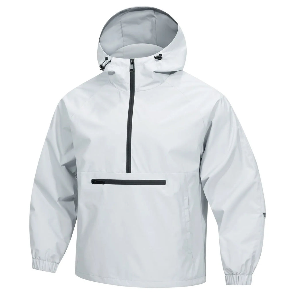 Men's loose grey corduroy half-zip hooded sweater jacket with rabbit fur fabric on a hanger