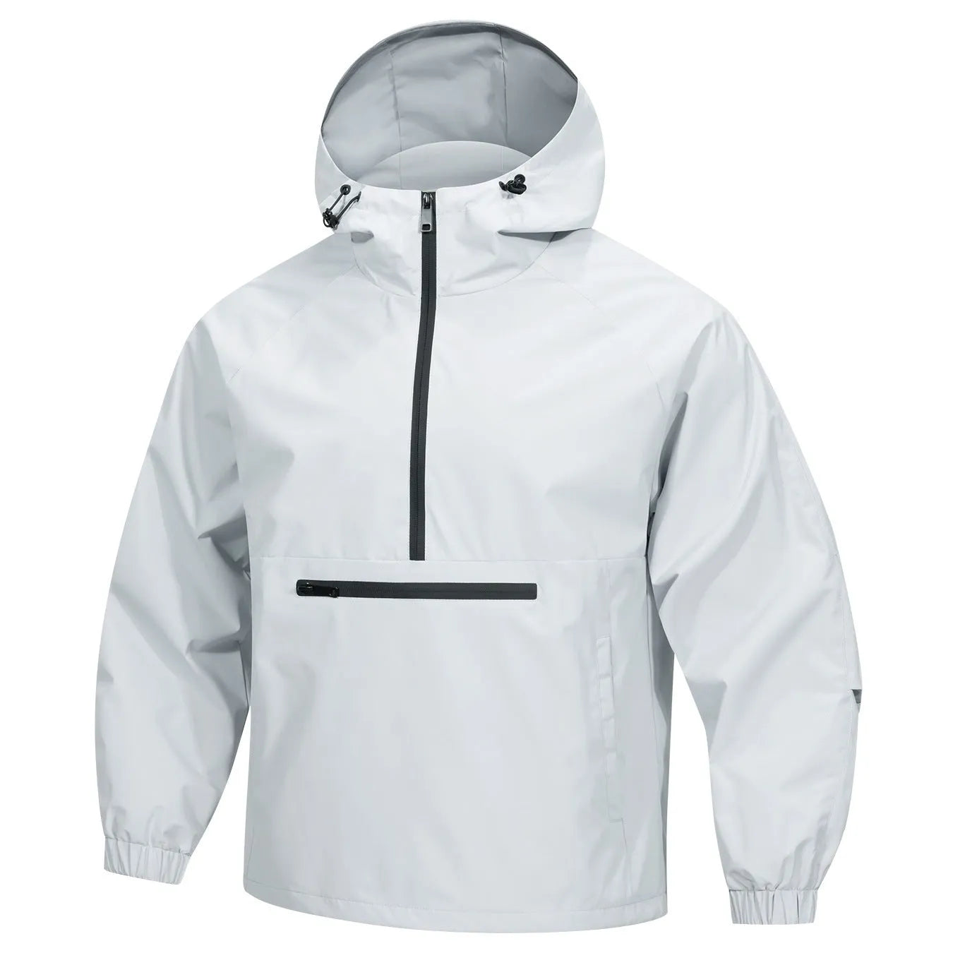 Men's loose grey corduroy half-zip hooded sweater jacket with rabbit fur fabric on a hanger
