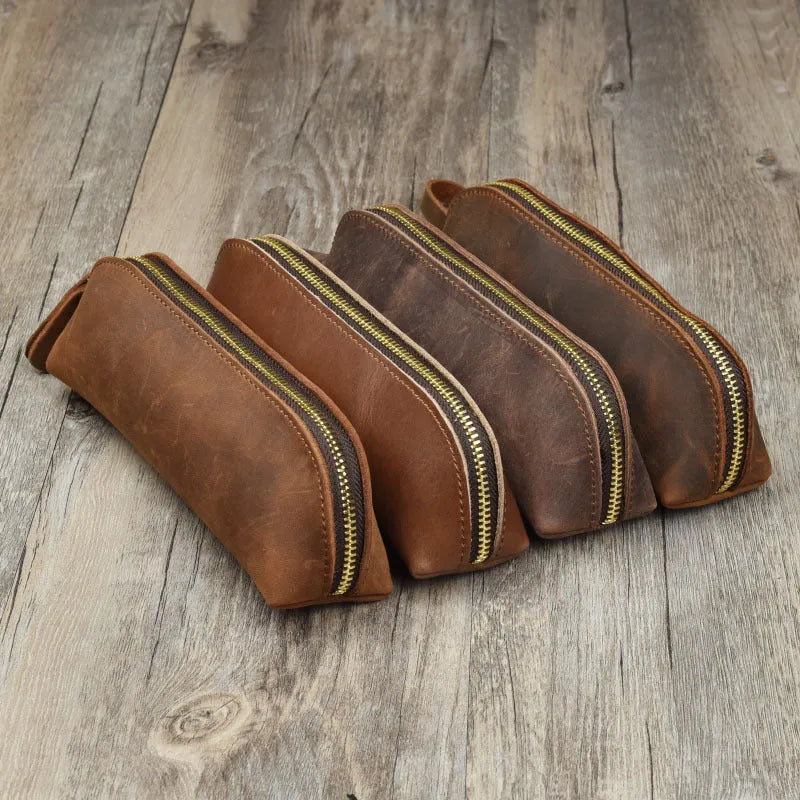 Handmade square leather pencil case with zipper in black, brown, dark brown, or yellow