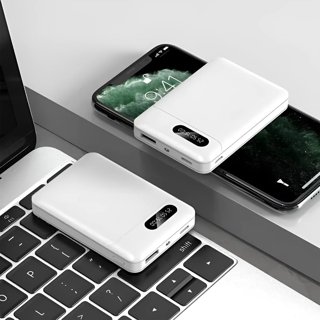 Black or white portable power bank with USB ports showing 10000mAh capacity for mobile device charging