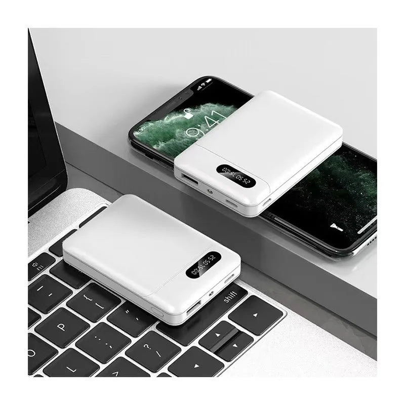 Black or white portable power bank with USB ports showing 10000mAh capacity for mobile device charging