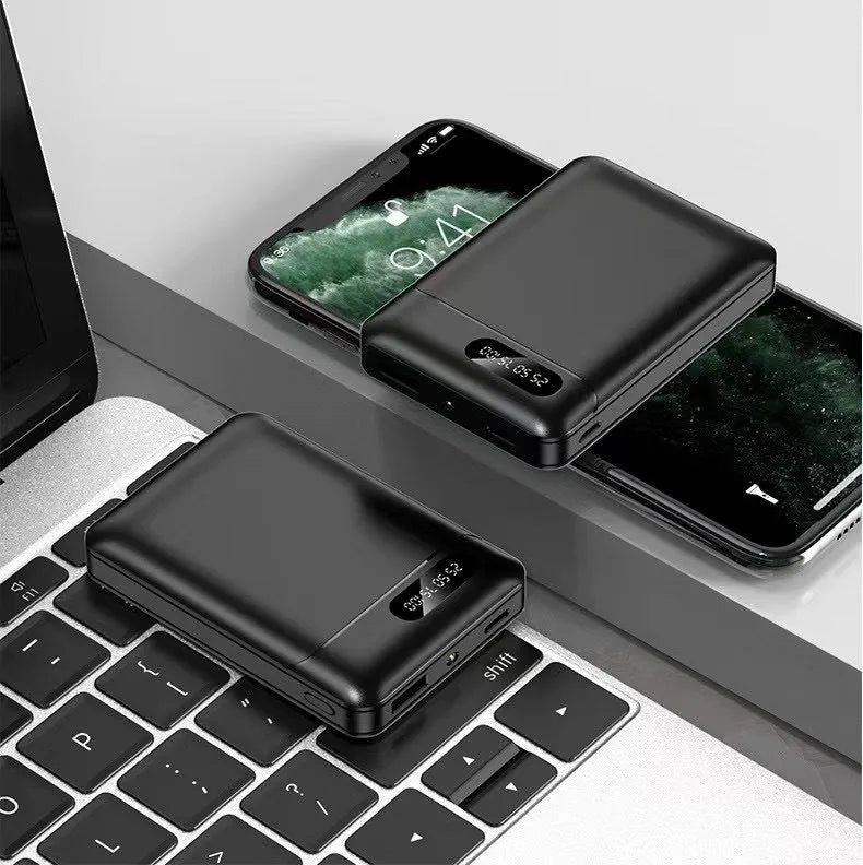 Black or white portable power bank with USB ports showing 10000mAh capacity for mobile device charging