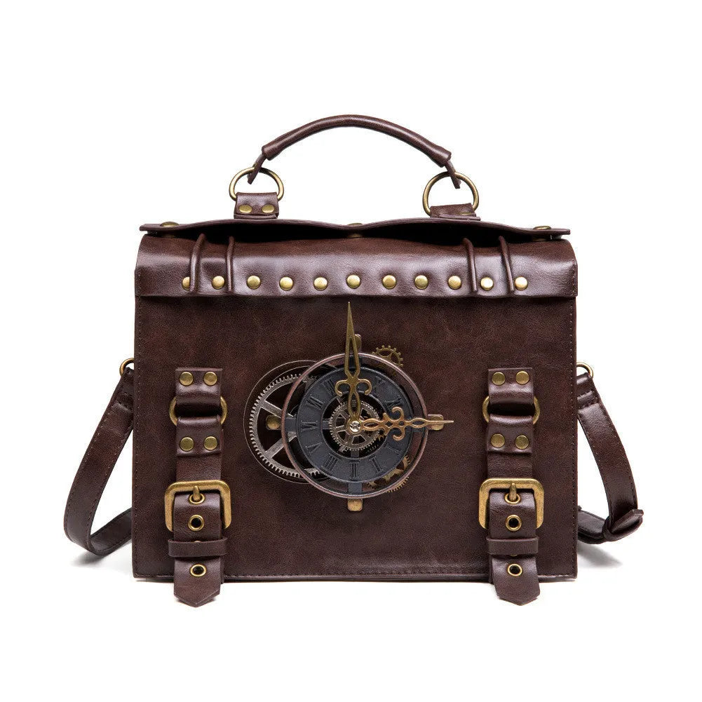 Bronze steampunk retro pillow shoulder bag with square shape and metal hardware.