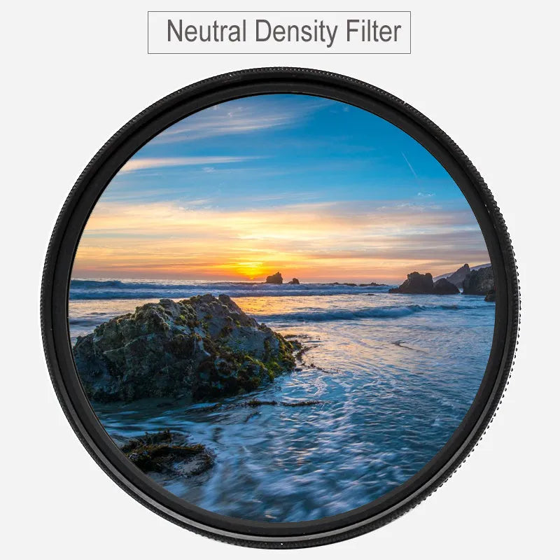 ND8 neutral density camera filter reducer with aviation aluminium frame shown next to lens.