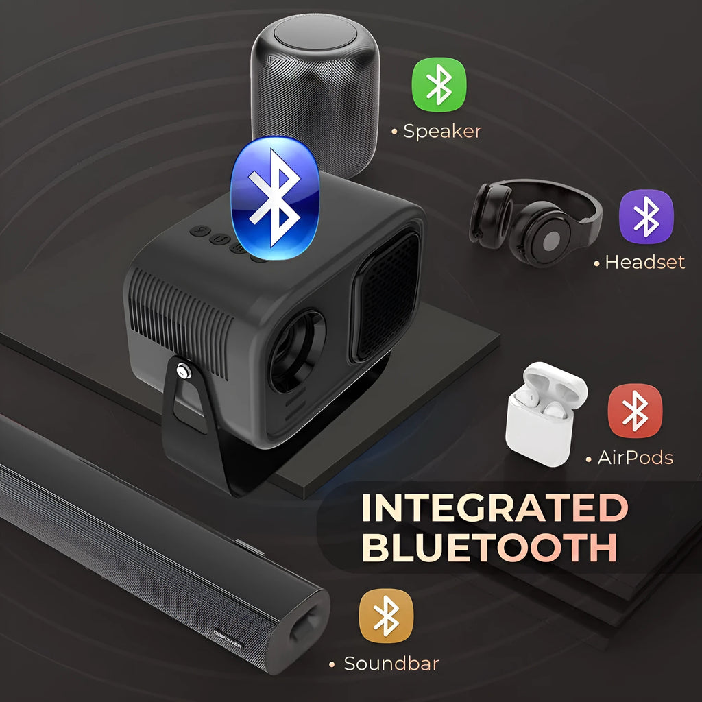 Black HD portable projector with Android system, remote control, and cables on desk