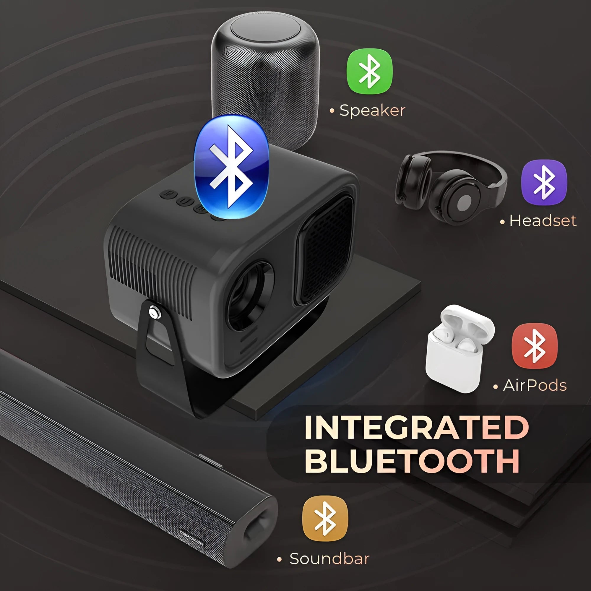 Black HD portable projector with Android system, remote control, and cables on desk
