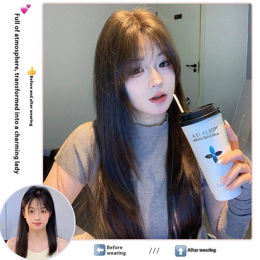 Full-head layered long straight hair wig in cold brown colour with natural styling
