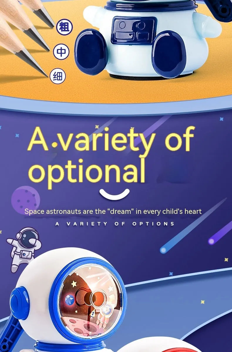Cartoon astronaut manual pencil sharpener in blue or pink colours with three adjustable levels