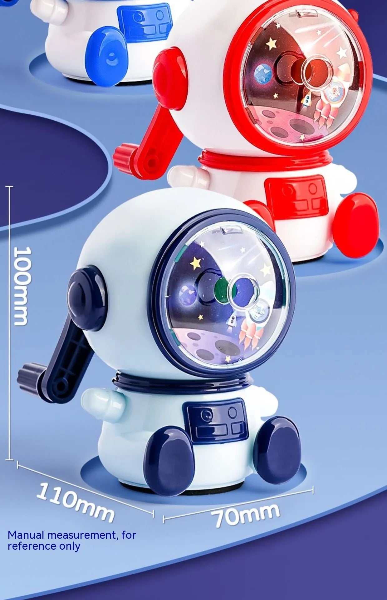 Cartoon astronaut manual pencil sharpener in blue or pink colours with three adjustable levels