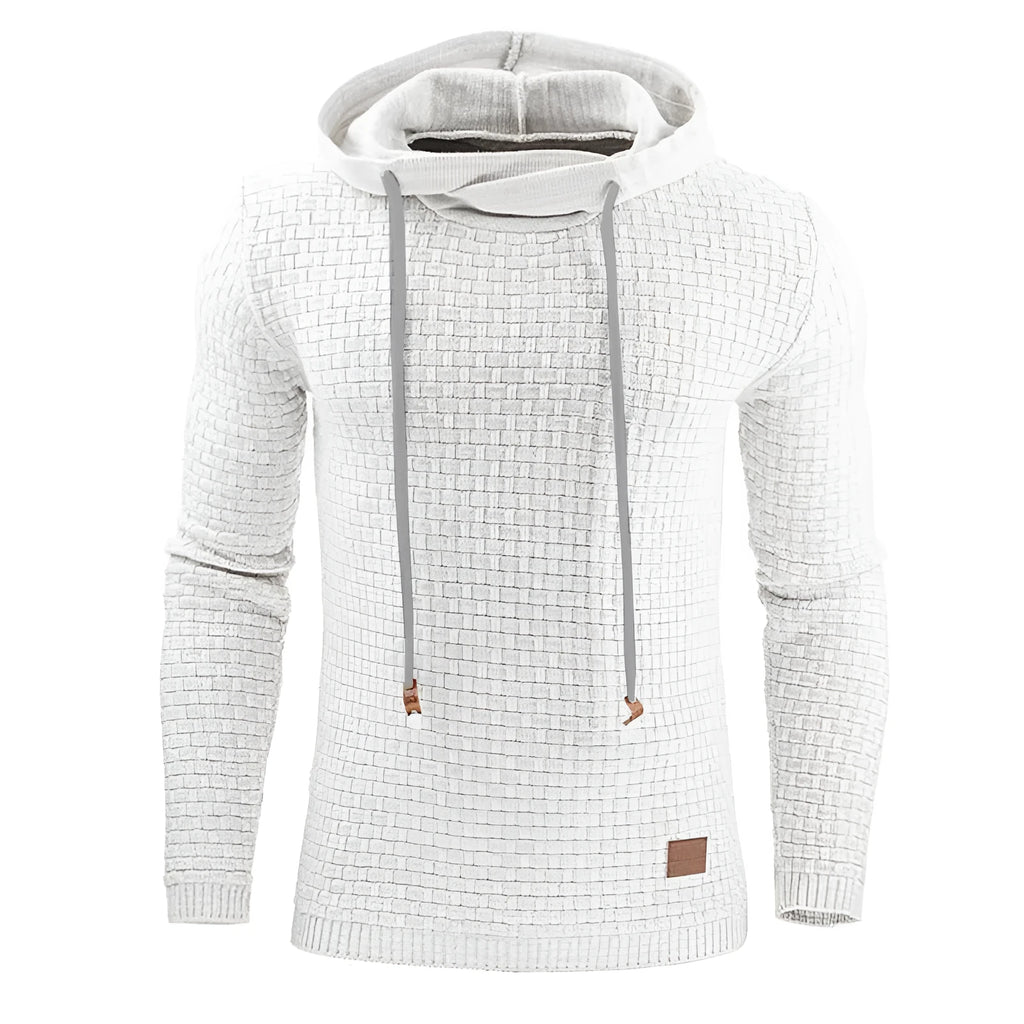 Men's black cotton-polyester blend hooded sweatshirt laid flat, showing front design and hood.