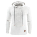 Men's black cotton-polyester blend hooded sweatshirt laid flat, showing front design and hood.