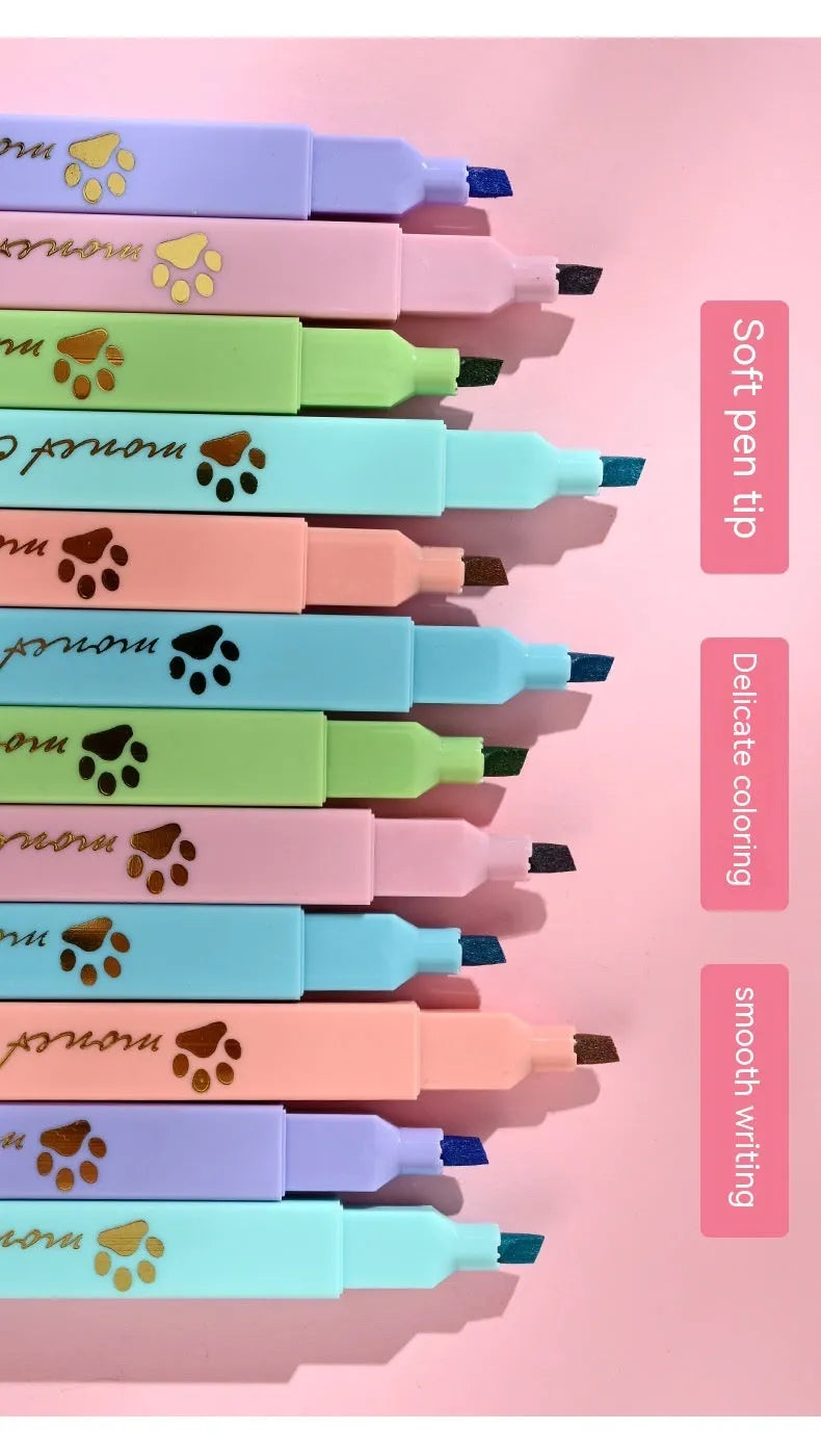 Cat's Paw set of six fluorescent marking pens with oblique heads in assorted colours