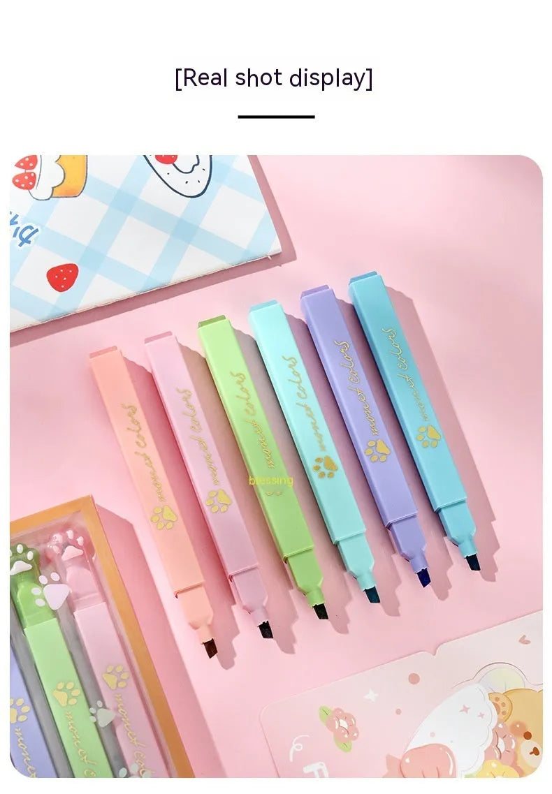 Cat's Paw set of six fluorescent marking pens with oblique heads in assorted colours