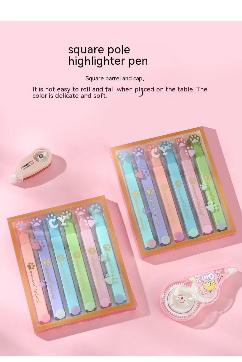 Cat's Paw set of six fluorescent marking pens with oblique heads in assorted colours