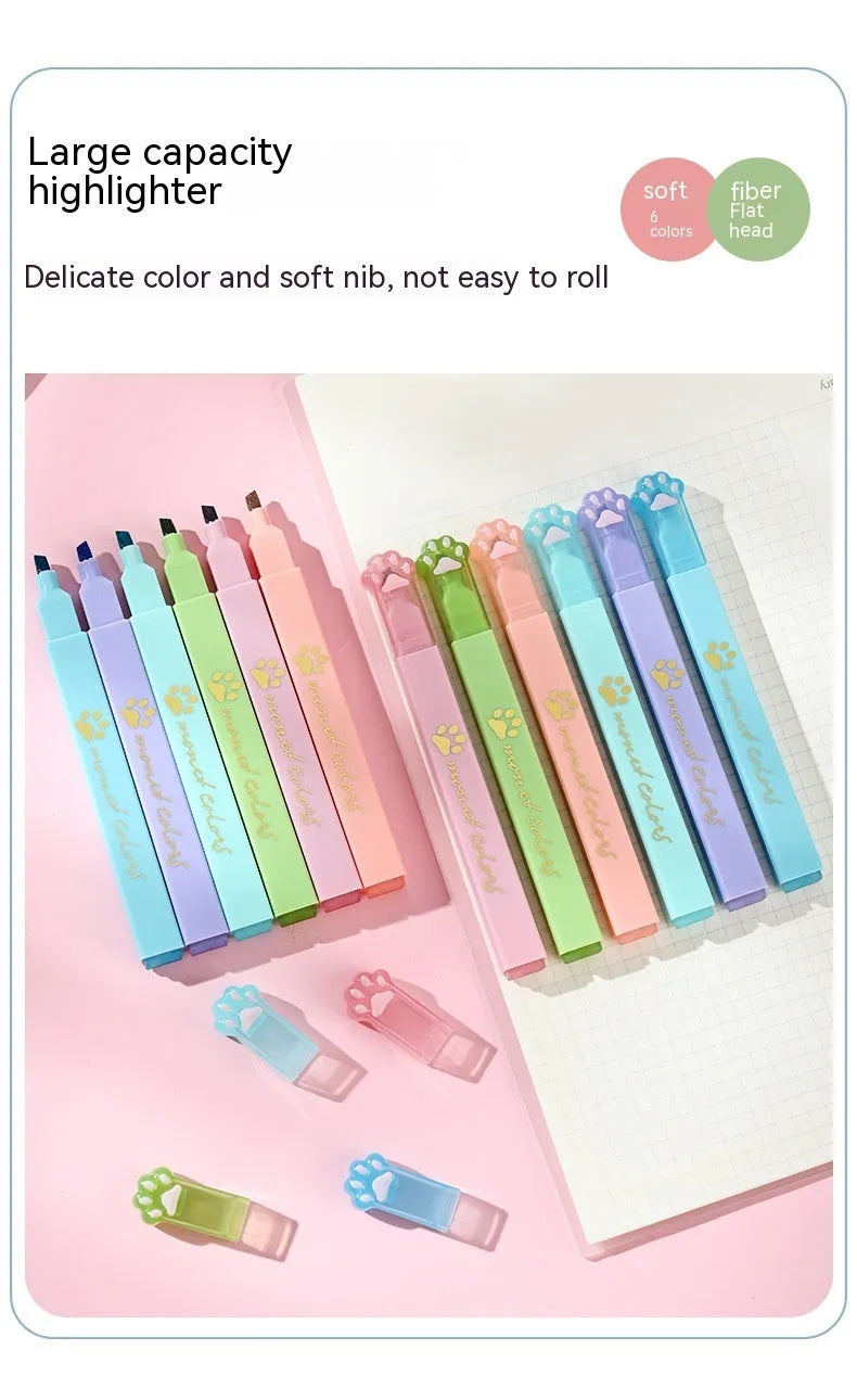 Cat's Paw set of six fluorescent marking pens with oblique heads in assorted colours