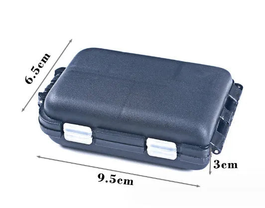 Small plastic fishing tackle storage box with 10 internal compartments in black, blue, or green.