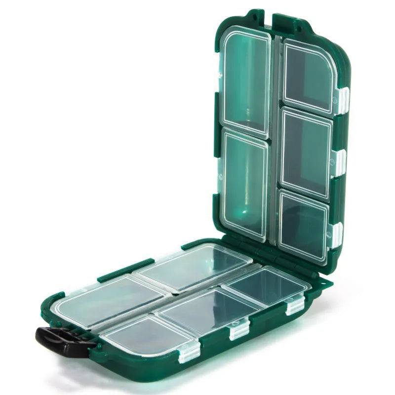 Small plastic fishing tackle storage box with 10 internal compartments in black, blue, or green.